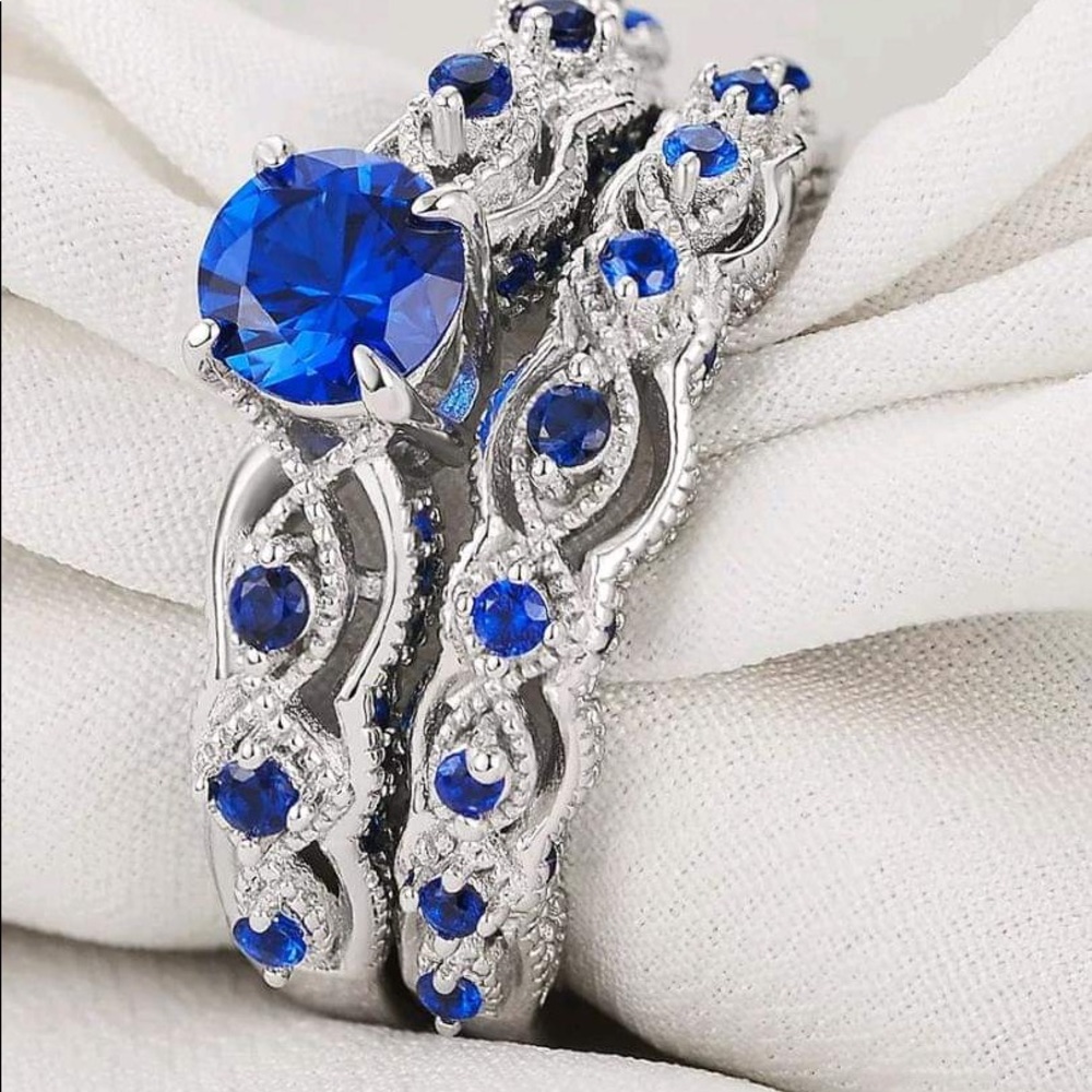 2pc Lab created blue sapphire Wedding Ring Set